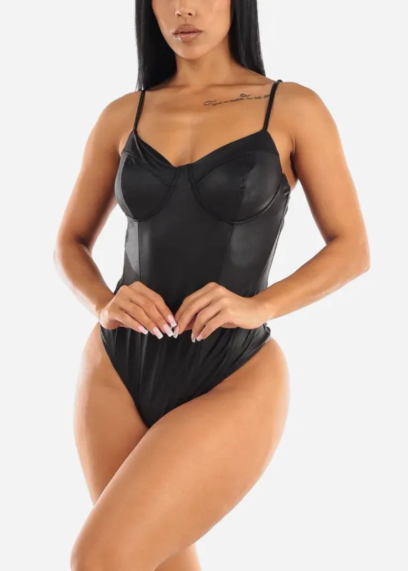 Sexy Black Vegan Leather Thong Bodysuit sold by Moda