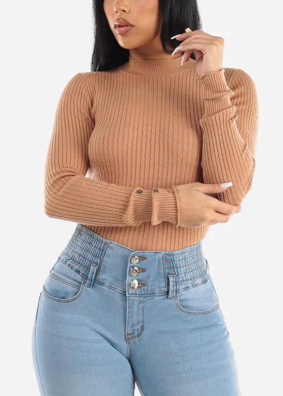 Long Sleeve Fitted Ribbed Knit Sweater Camel sold by Moda