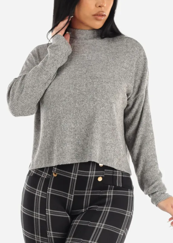 Long Sleeve Mock Neck Hacci Sweater Crop Top Grey sold by Moda