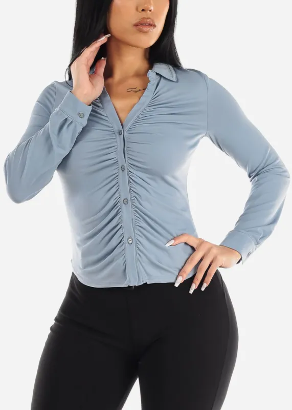 Long Sleeve Button Down Ruched Collared Blouse Light Blue sold by Moda