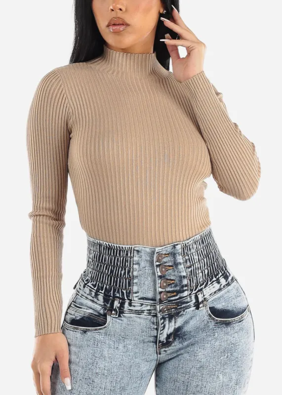 Long Sleeve Mock Neck Ribbed Sweater Taupe sold by Moda