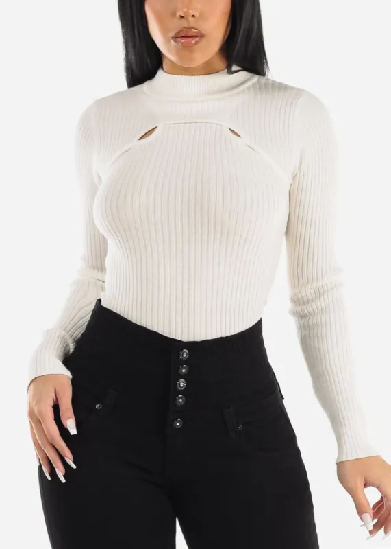 White Mock Neck Ribbed Sweater Top w Slit Detail sold by Moda