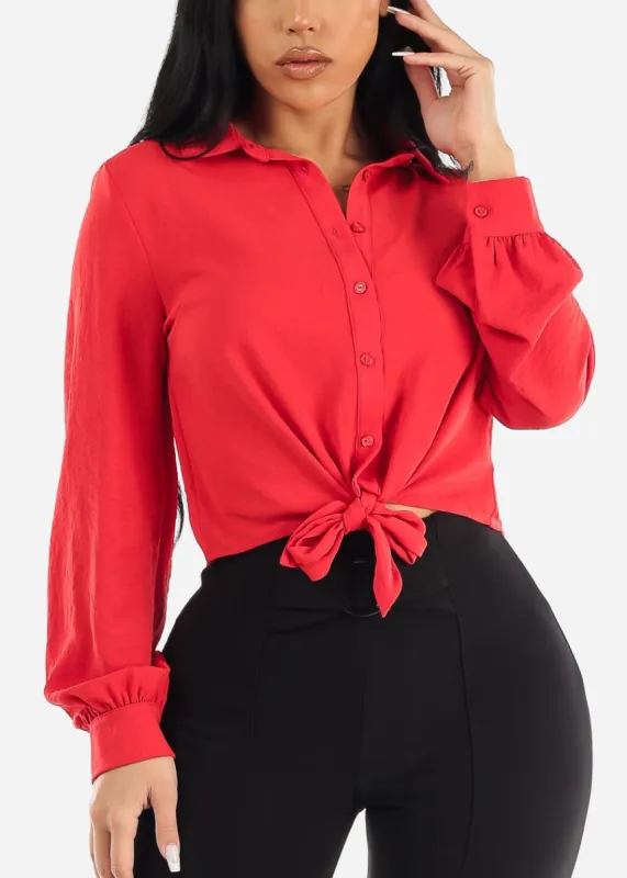 Long Sleeve Tie Front Button Up Collared Blouse Red sold by Moda