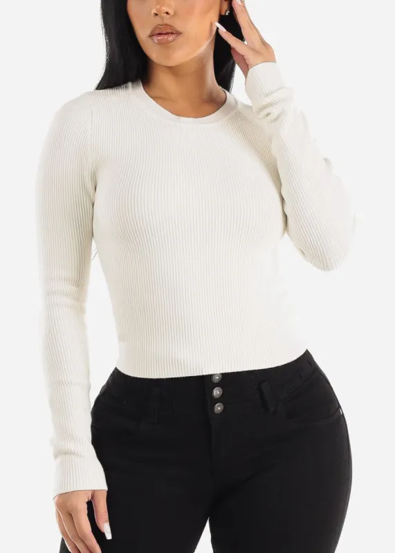Crewneck Long Sleeve Ribbed Sweater Top Ivory sold by Moda