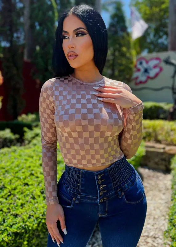 Long Sleeve Checkered Mesh Crop Top Nude sold by Moda