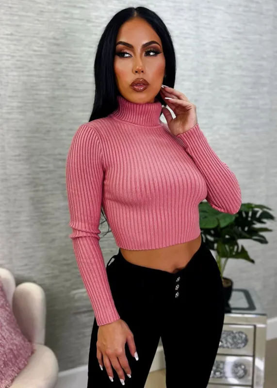 Ribbed Turtleneck Cropped Sweater Pink sold by Moda