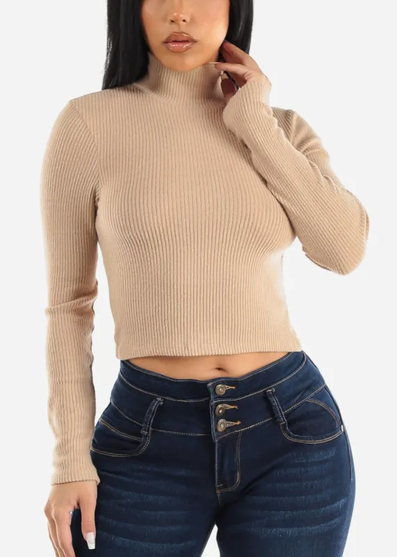 Long Sleeve Mock Neck Cropped Sweater Top Taupe sold by Moda