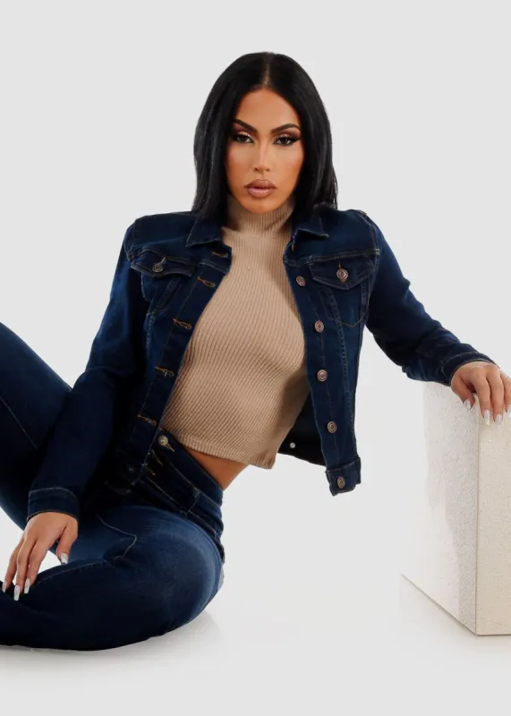 Classic Long Sleeve Button Up Denim Jacket Dark Wash sold by Moda