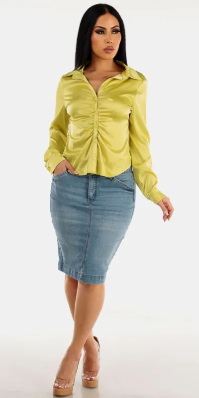 Ruched Satin Denim Pencil Combo sold by Moda