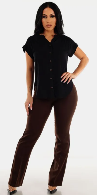 Brown Bootcut Pants Blouse Outfit sold by Moda
