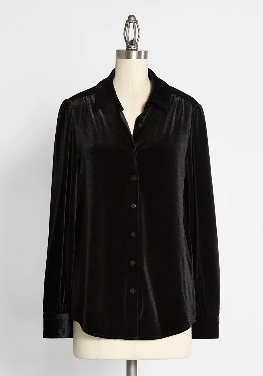 Be Buzzworthy Velvet Button-Up Top sold by Modcloth