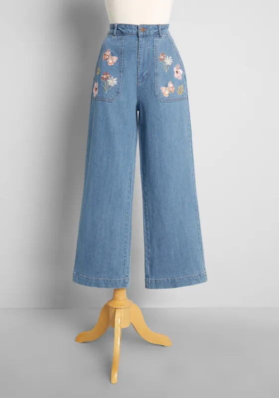 Fluttering By Flowers Embroidered Wide-Leg Jeans sold by Modcloth