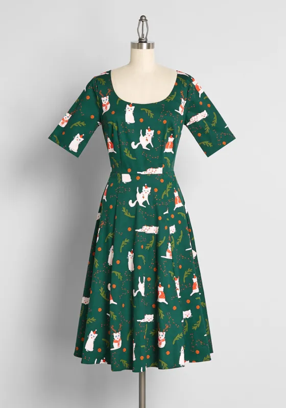 Catching Festive 'Felines' Swing Dress sold by Modcloth