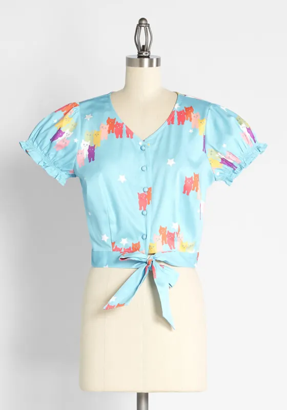 Modcloth X Collectif Curious And Colorful Cats Puff Sleeve Top sold by Modcloth