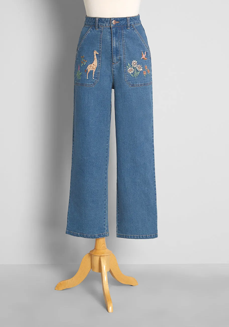 Standing Tall and Proud Embroidered Wide-Leg Jeans sold by Modcloth