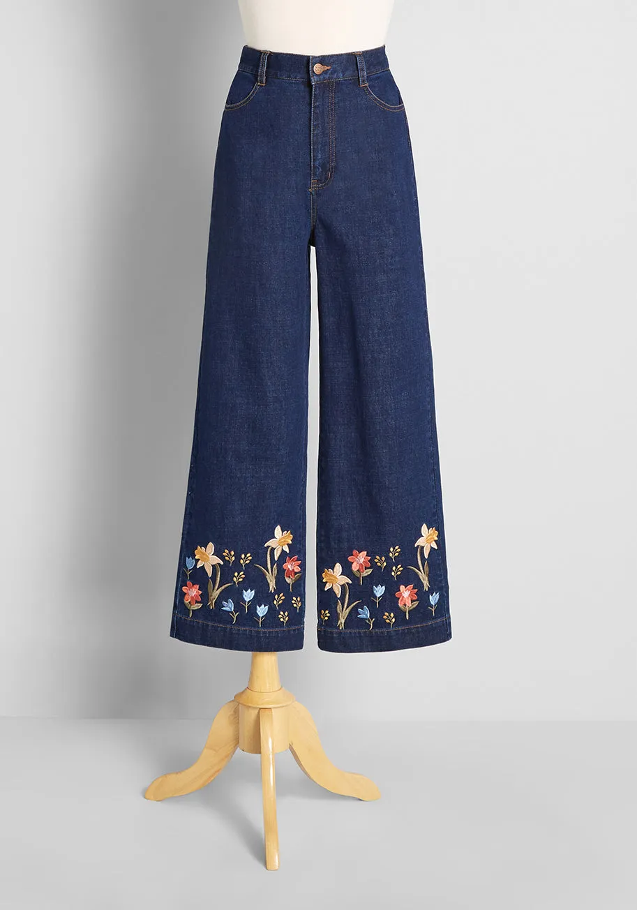 Flower Grazing Embroidered Wide-Leg Jeans sold by Modcloth
