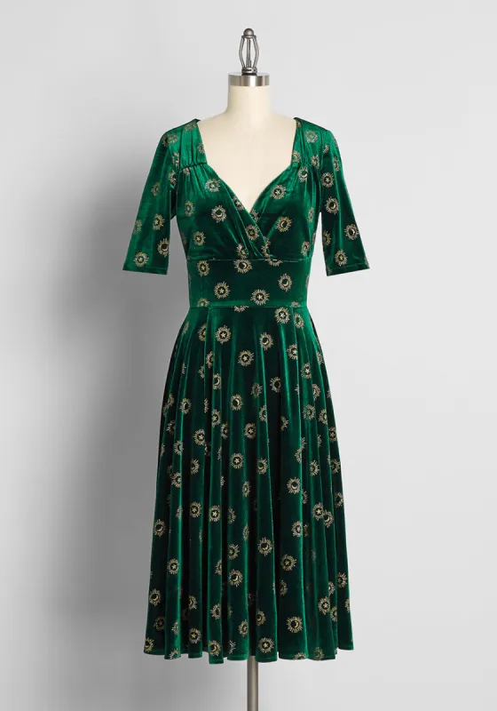 Bursts of Golden Light Velvet Midi Dress made by Collectif