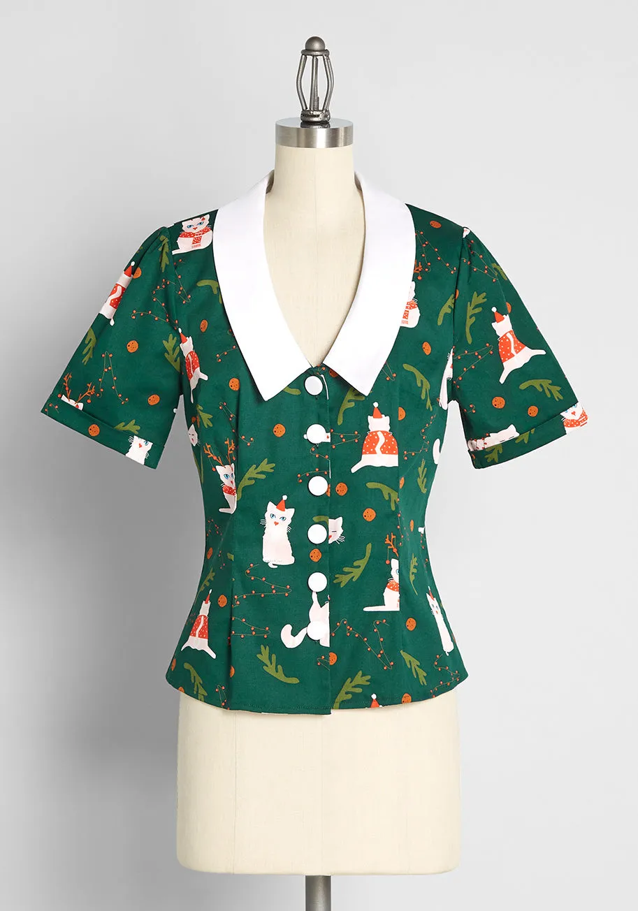 Felines Feeling Festive Button-Up Blouse sold by Modcloth