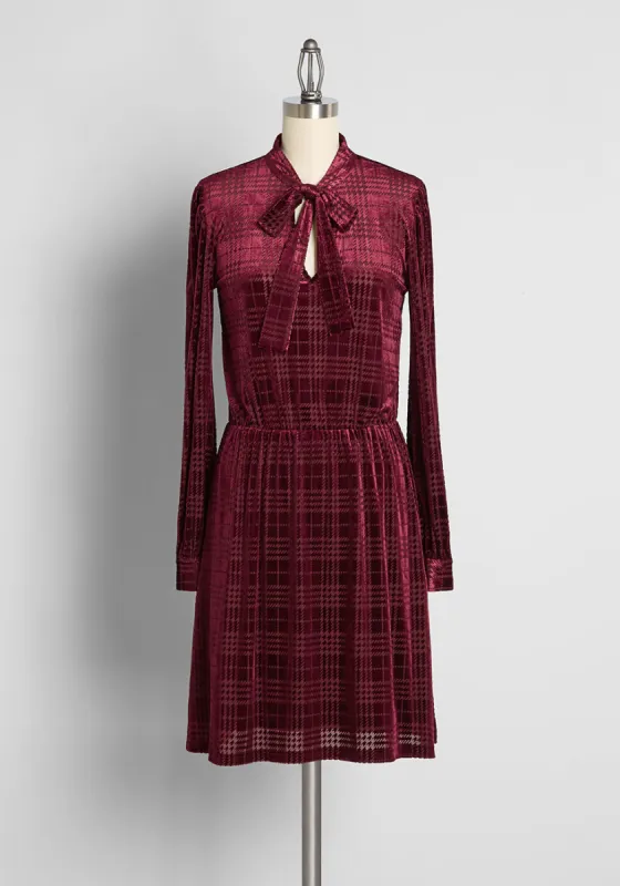 Adored In Bordeaux Velvet Tie-Neck Dress sold by Modcloth