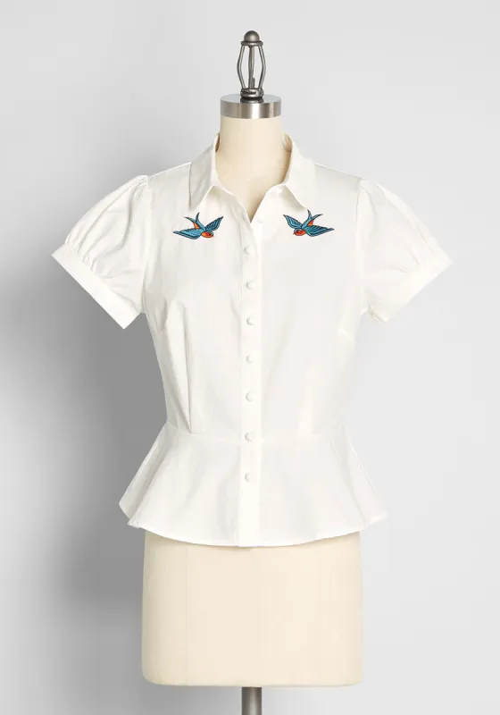 Simply Soaring Embroidered Peplum Blouse sold by Modcloth