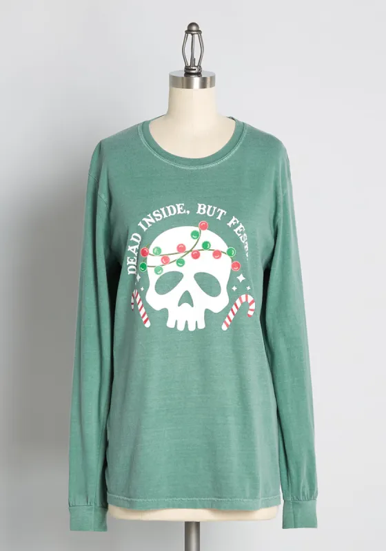 Dead Inside, But Festive Long Sleeve Tee sold by Modcloth