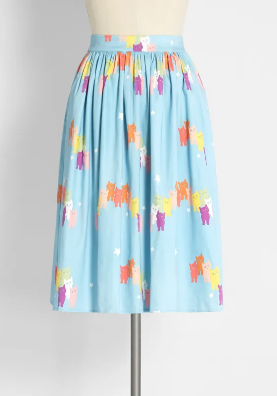 ModCloth x Collectif Rainbow Sky Kittens Swing Skirt sold by Modcloth