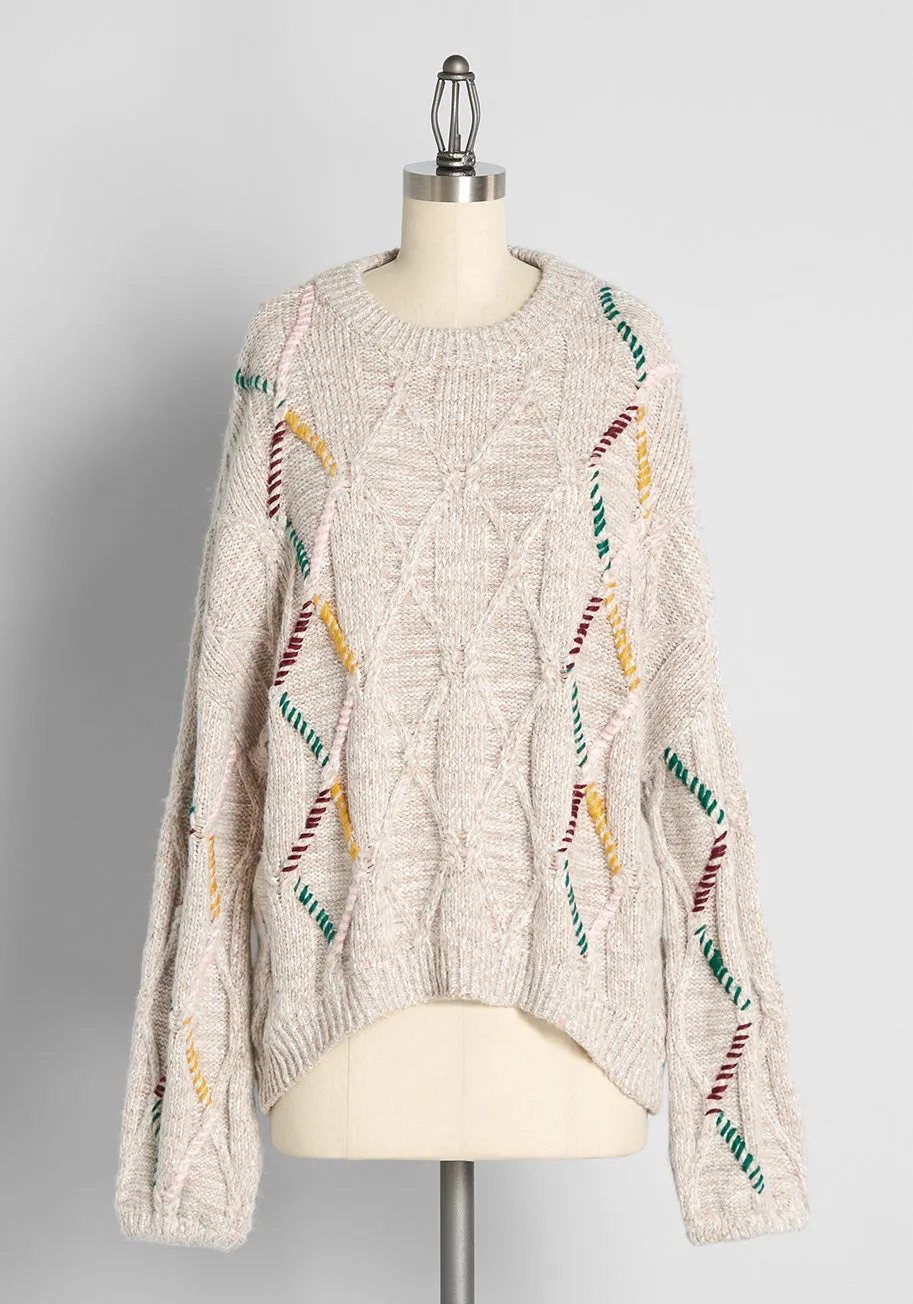 Stitched In Color Cable Knit Sweater sold by Modcloth