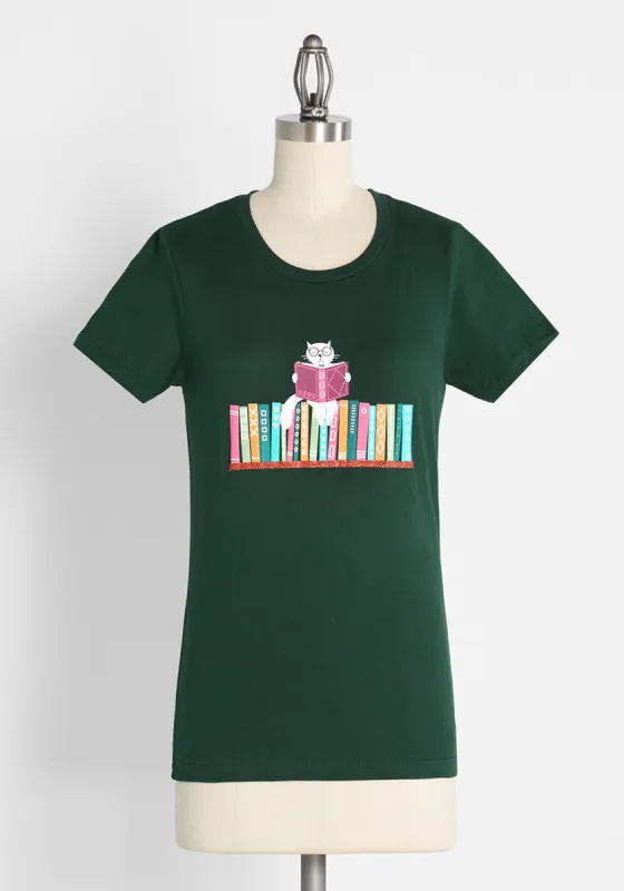 Just Kitten Around The Library Graphic Tee sold by Modcloth