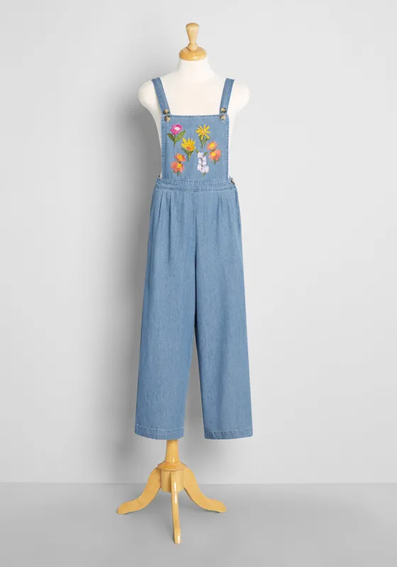 Sowing The Seeds Embroidered Wide-Leg Overalls sold by Modcloth