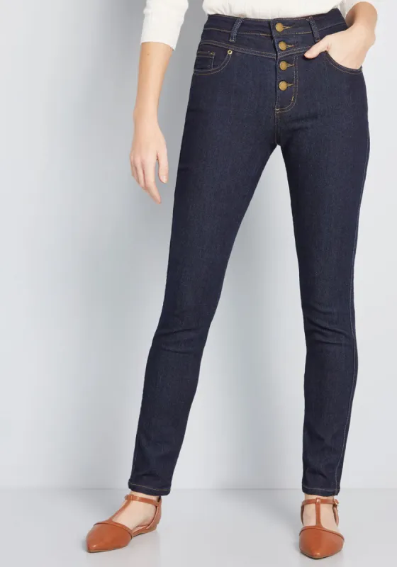 Karaoke Seamstress Buttoned Skinny Jeans - 30 in. sold by Modcloth