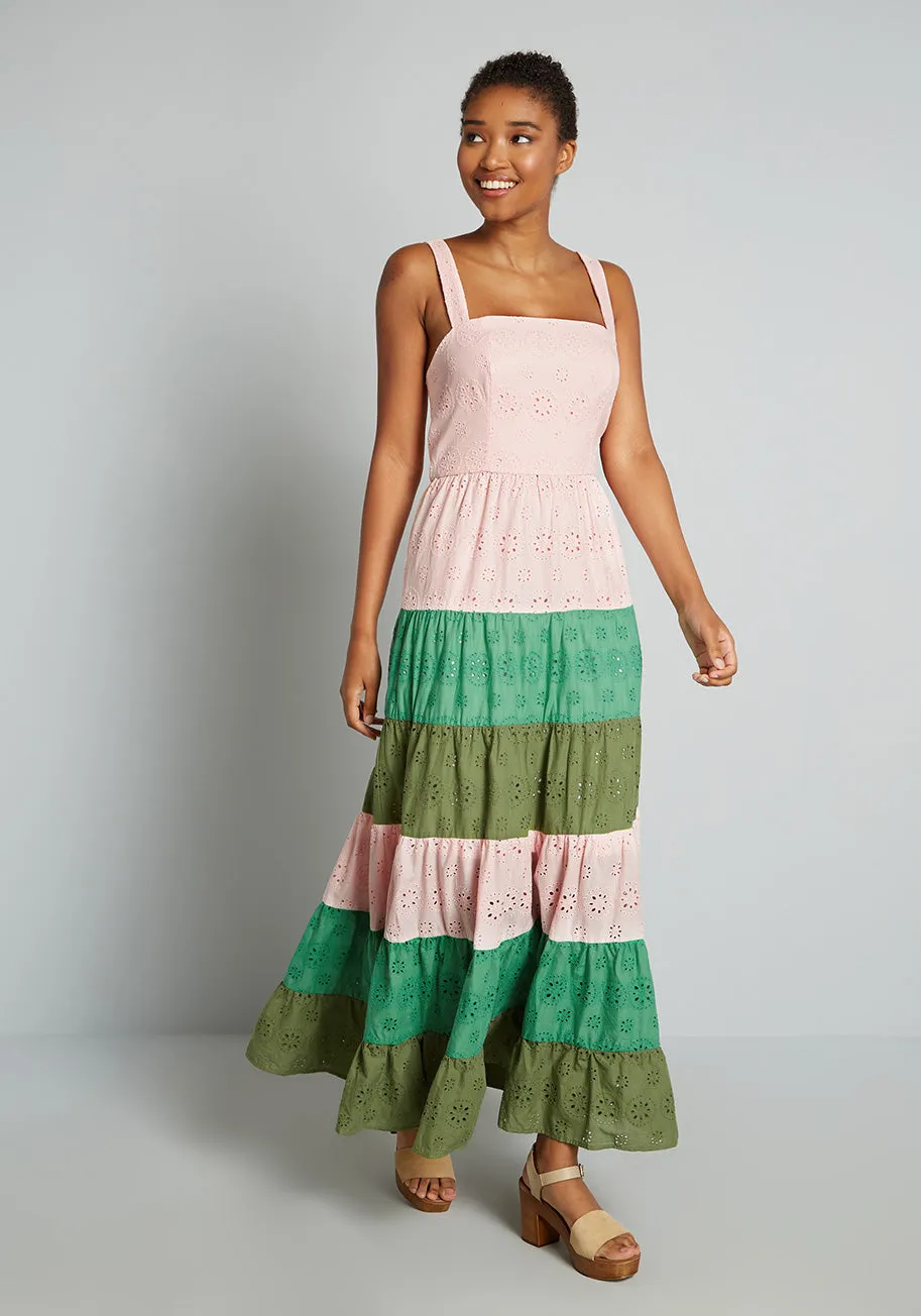 Blocked in Eyelet Tiered Maxi Dress sold by Modcloth