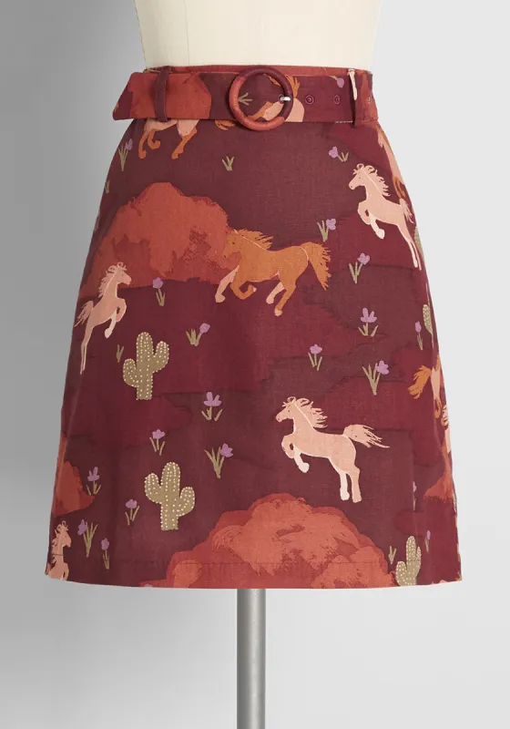 Wild, Wild Horses Belted Mini Skirt sold by Modcloth
