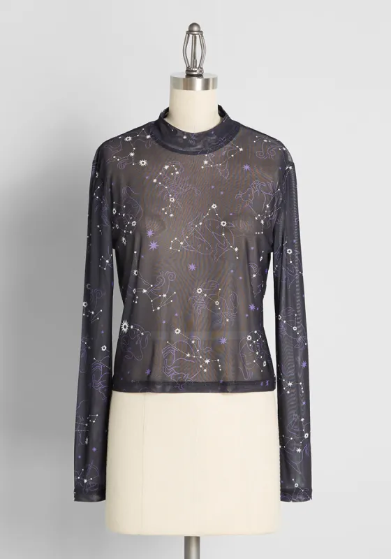 Zest Of The Zodiac Mesh Mock Neck Top sold by Modcloth