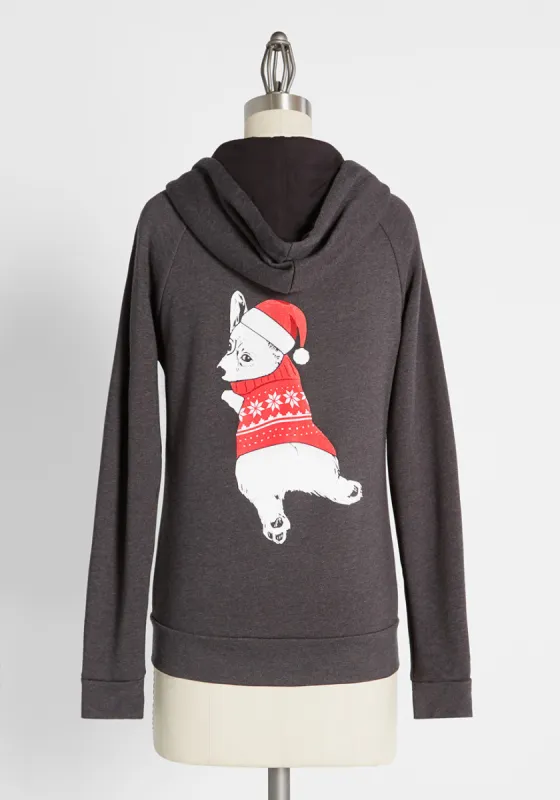 Christmas Corgi Zip-Up Hoodie sold by Modcloth