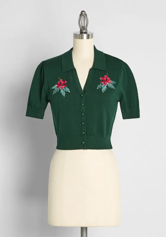 Winterberry Holly Embroidered Short Sleeve Cardigan sold by Modcloth