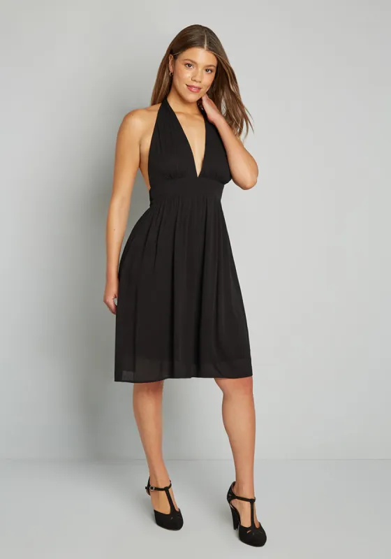 Deep V Halter Dress in black sold by Modcloth