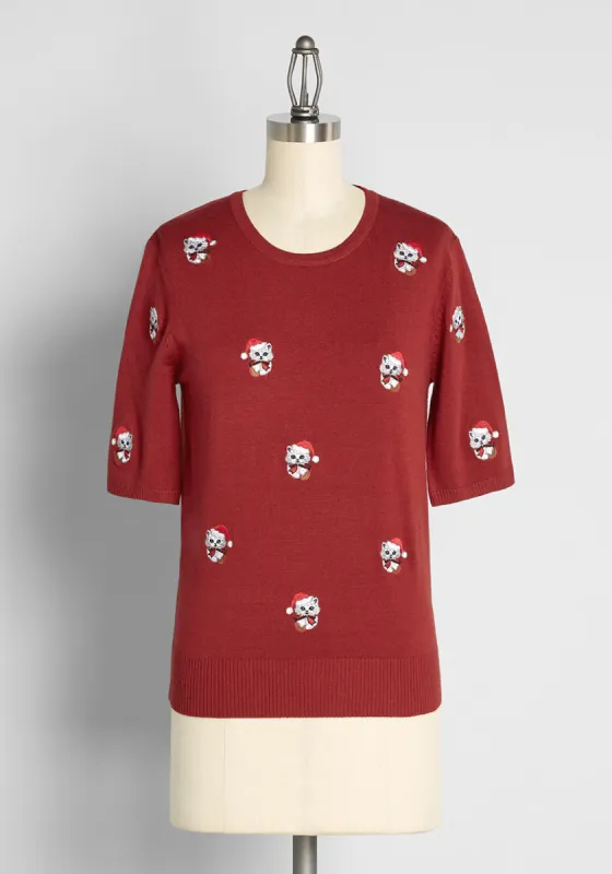 Sweet Santa 'Paws' Embroidered Short Sleeve Sweater sold by Modcloth