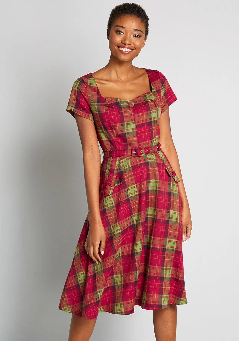 Keeping Tabs On All Things Plaid Swing Dress sold by Modcloth