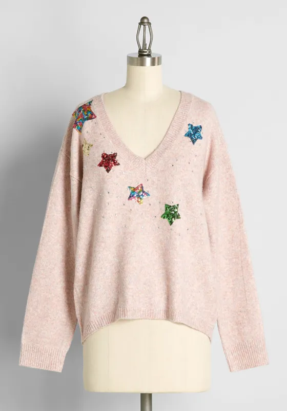 Sparkles and Stardust Embellished V-Neck Sweater made by Modcloth