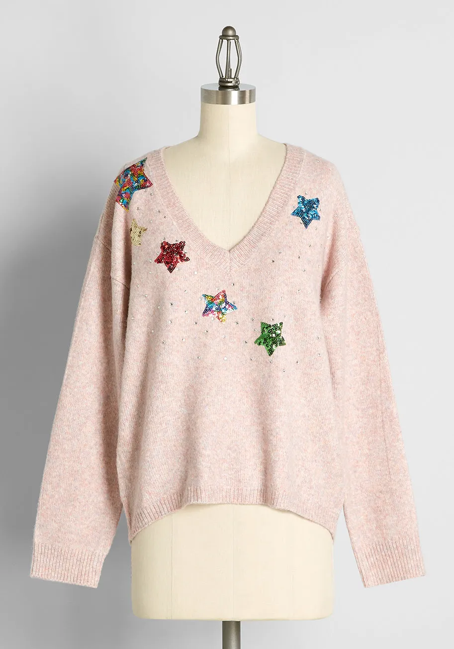 Sparkles and Stardust Embellished V-Neck Sweater sold by Modcloth