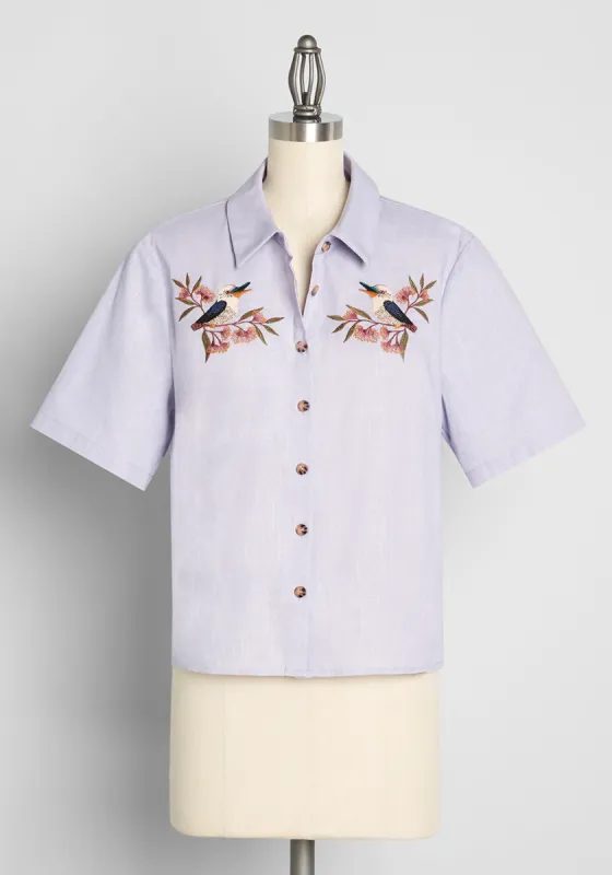 Greet With A Tweet Embroidered Button-Up Top sold by Modcloth