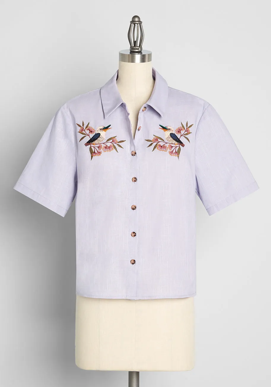 Greet With A Tweet Embroidered Button-Up Top sold by Modcloth
