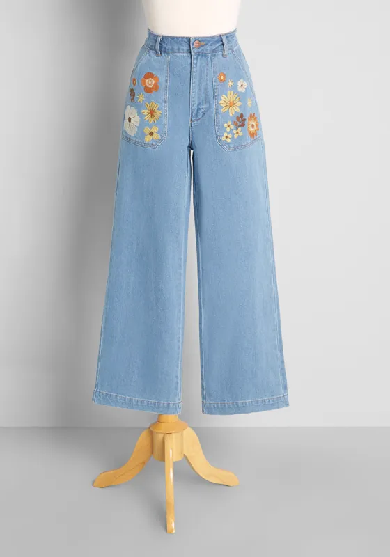 Wilder Than Flowers Embroidered Wide-Leg Jeans made by Princess Highway