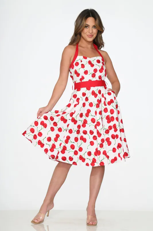 White Red Cherry Halter Swing Dress sold by Modcloth