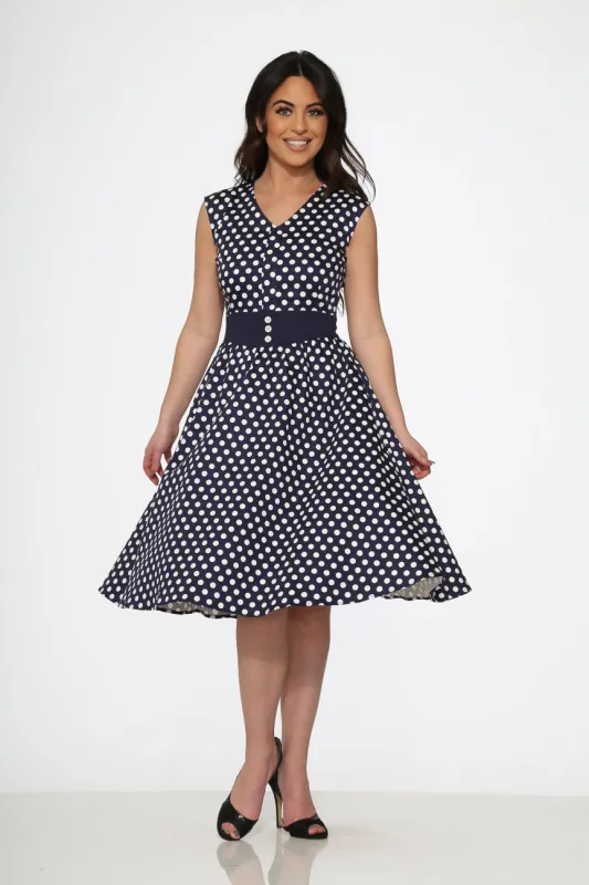 Navy Blue White Polka Dot Swing Dress sold by Modcloth