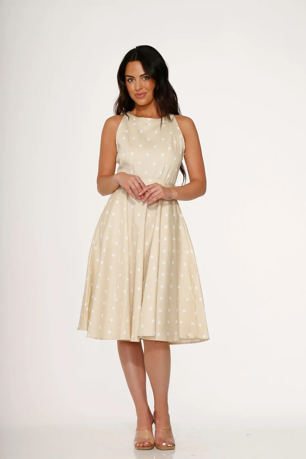 Beige & White Polka Dot Swing Dress sold by Modcloth product image thumbnail 4