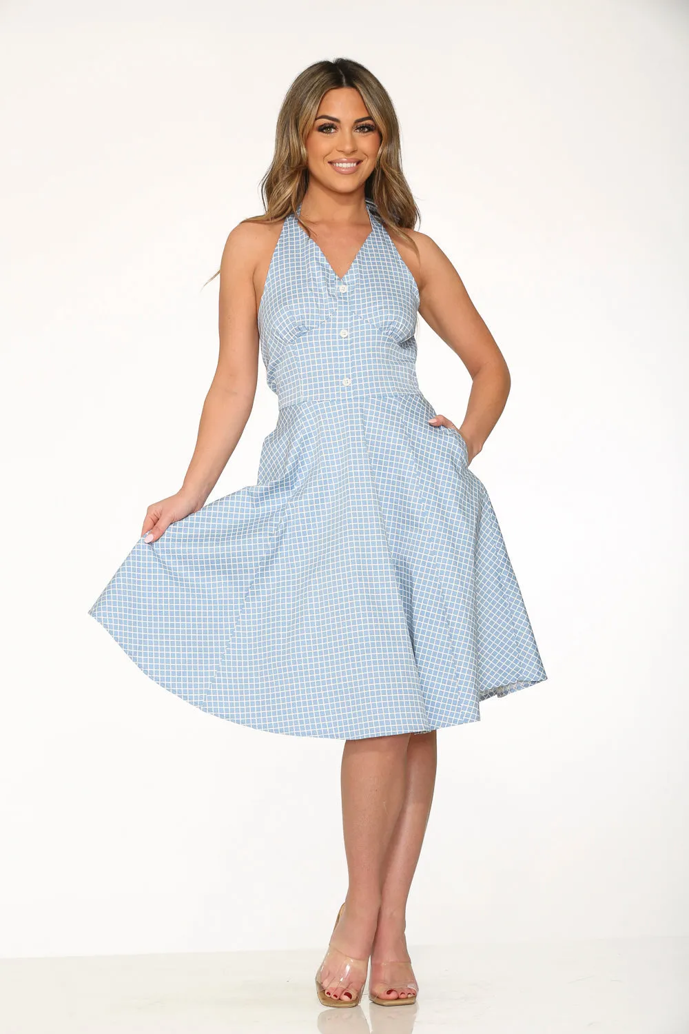 Blue White Checkmate Halter Swing Dress sold by Modcloth