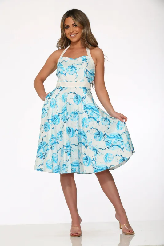 White & Blue Floral Halter Dress sold by Modcloth