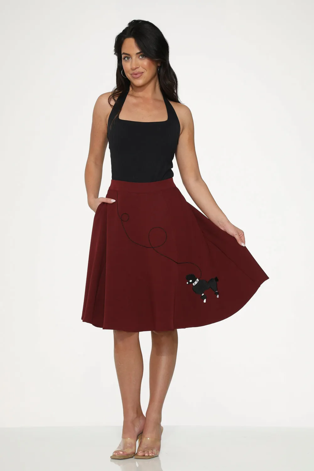 Burgundy Black Embroidered Poodle Swing Skirt sold by Modcloth