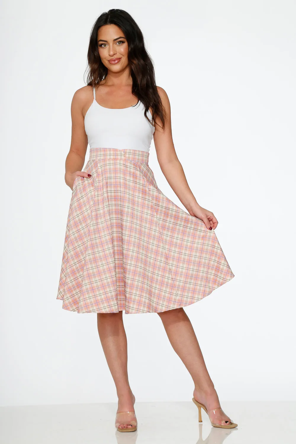 Pink Plaid Swing Skirt sold by Modcloth